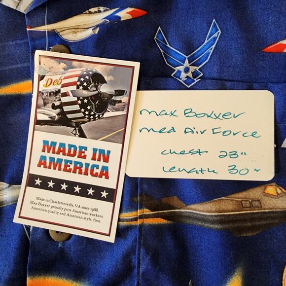 Max Boxxer USA Mens Med Short Sleeve Blue Camp Shirt Air Force Airplanes NWT - Picture 6 of 6